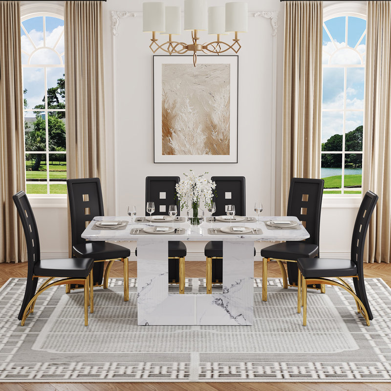 63'' Faux Marble Dining Table Set with Faux Leather Chairs, Set for 4 or 6 , Black/Gold, 7 Pieces: Table, 6 Chairs