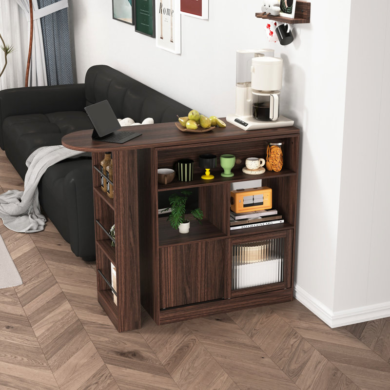 Armoire de bar moderne en noyer avec 6 boîtes de rangement et une étagère à condiments rotatifs, noyer, espaces 2 portes en verre