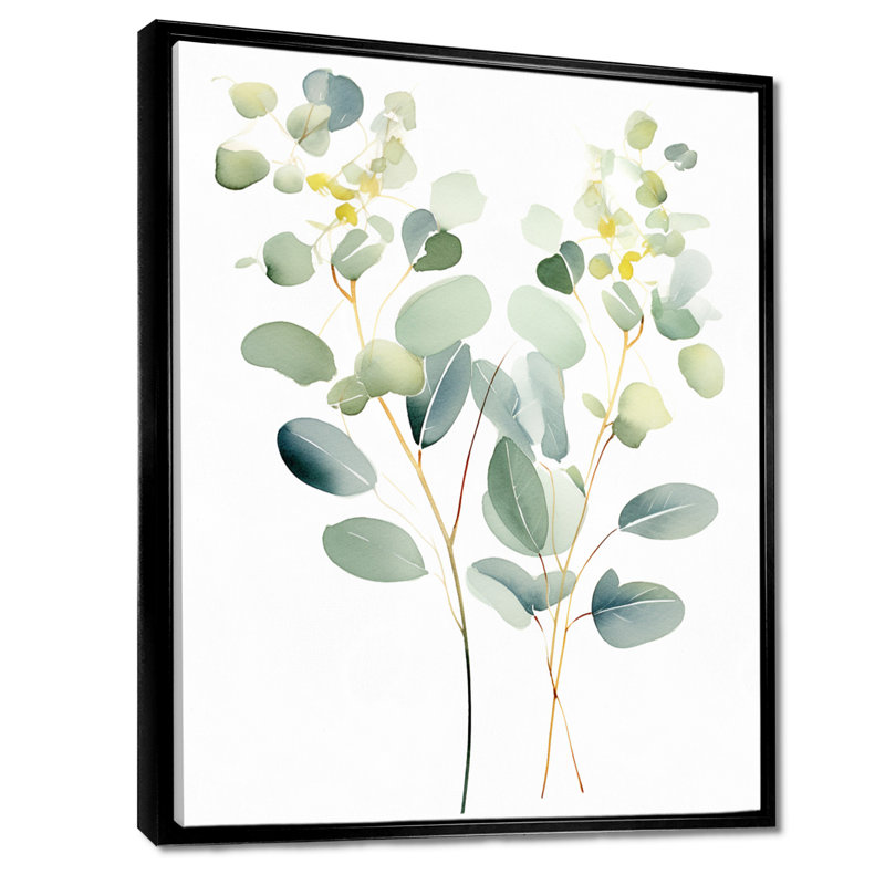 Feuilles d'eucalyptus, aquarelle - feuilles, décoration murale, H 20 po x l 12 po x P 1 po, Toile avec cadre flottant noir