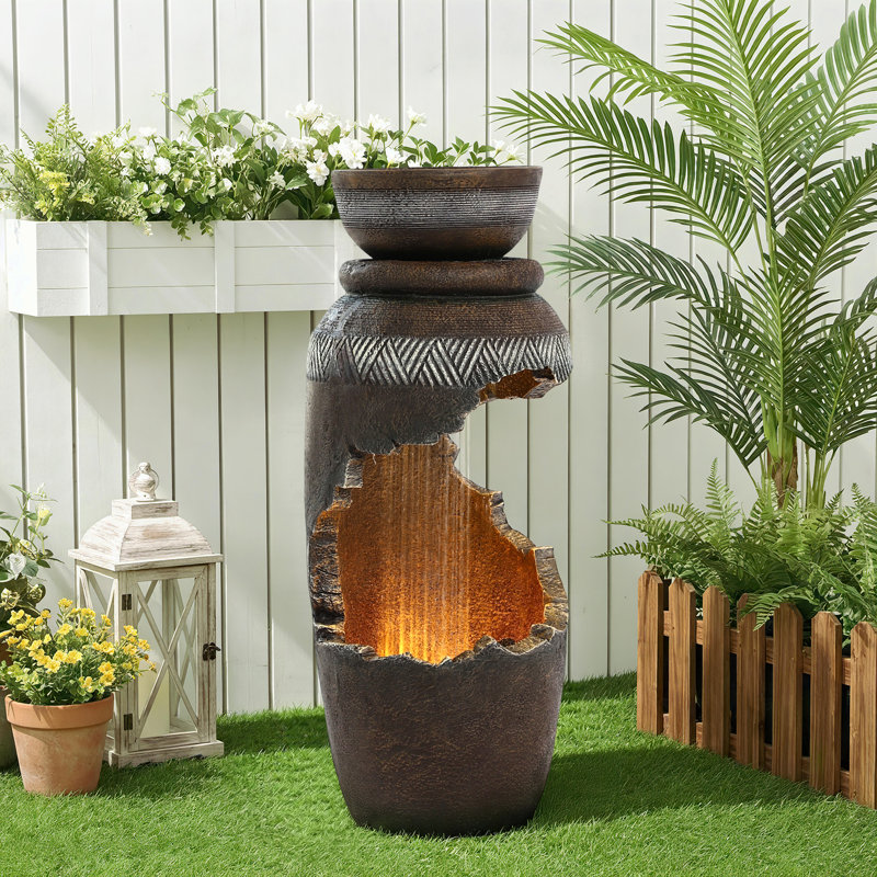 Bowl Water Fountain with LED Light and Planter Top, Modern Cascading Flow Fountain for Garden, Yard, Patio, Home Decor