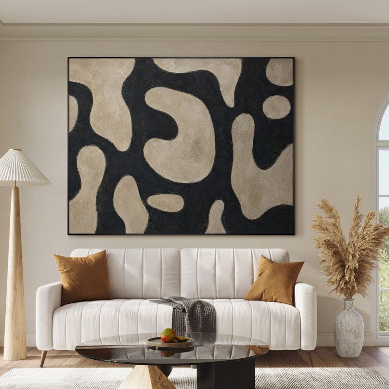 Très grand art mural imprimé sur tissu - Motif géométrique organique noir, décoration de salon moderne - «Assemblage requis du cadre (cadre non fini)»