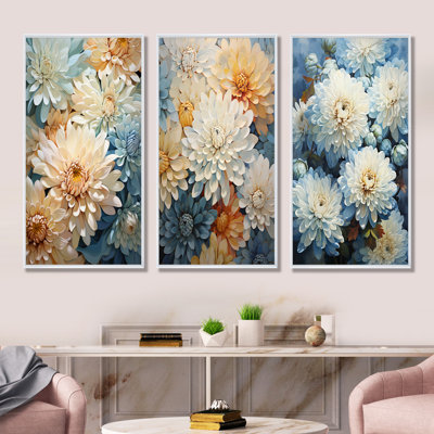 Blue And White Mums Flowers Elegance - Mums Wall Decor Set Of 3