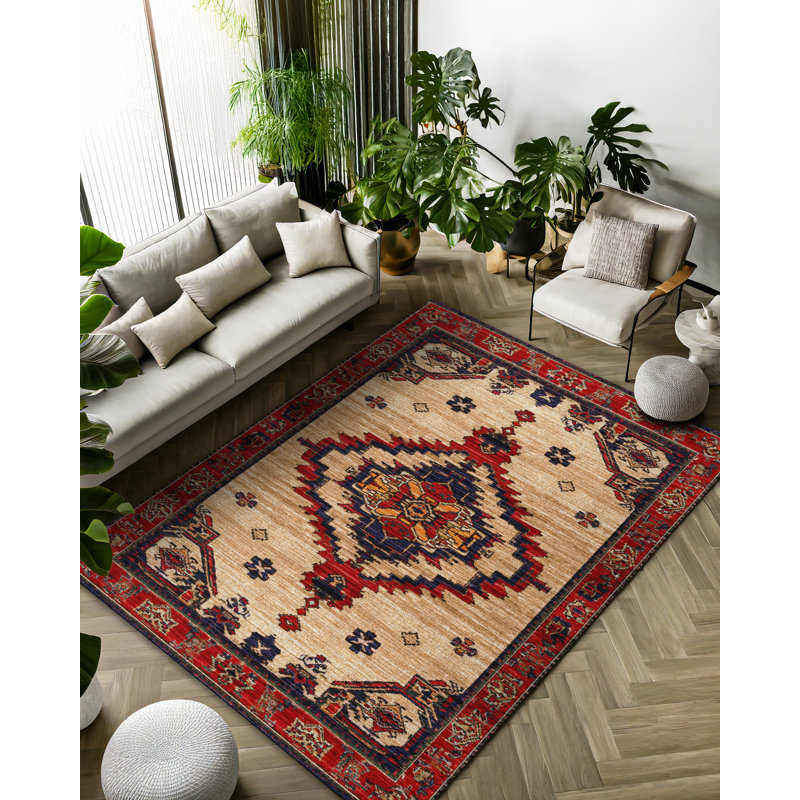 Strawbridge Burgundy Beige Moroccan Machine Printed Cotton Polyester Area Rug, Runner 5'3" x 14'10"
