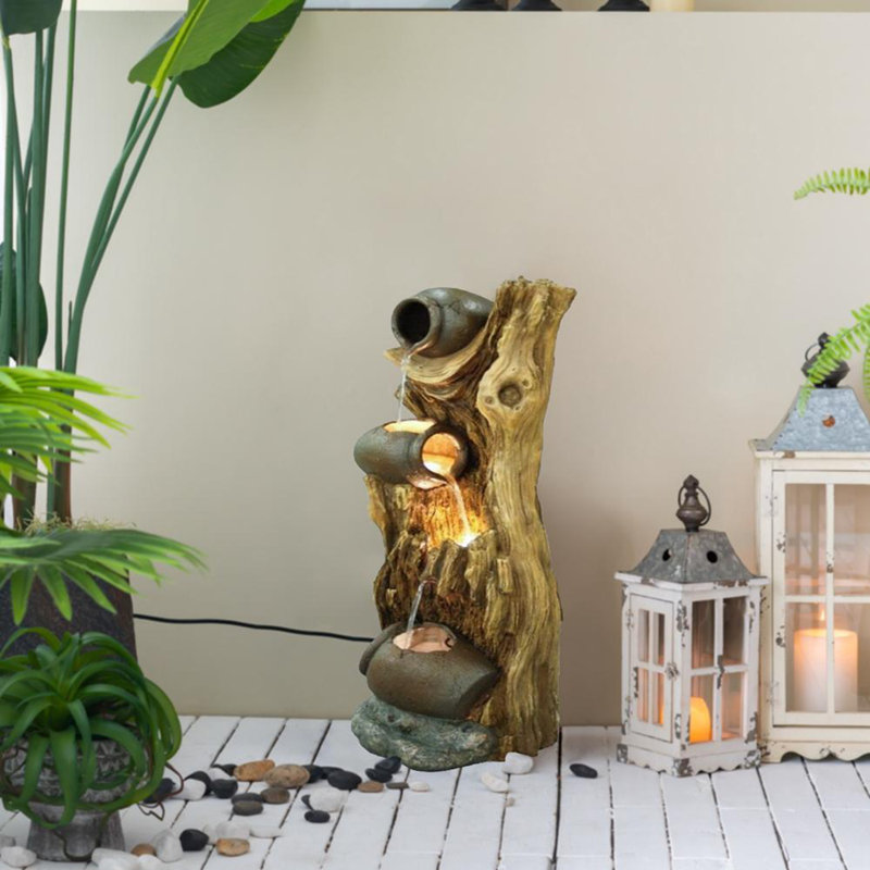 12.4x11.6x37.8" Decorative 3 Tier Tree Trunk Fountain with Lights and Pump