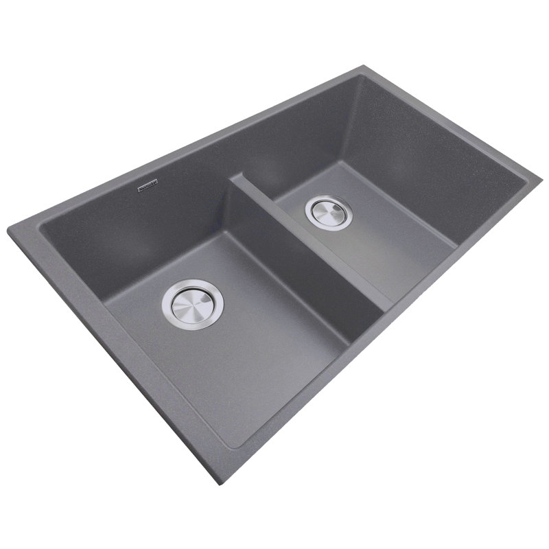 Low Divide 50/50 Double Bowl Undermount Granite Composite Undermount Sink, Titan