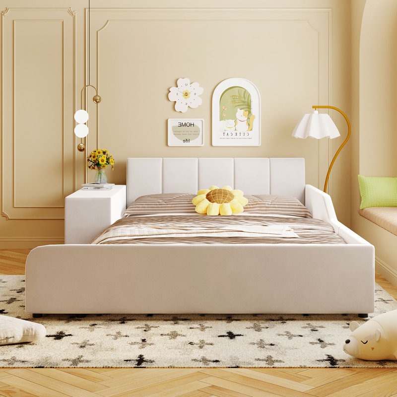 Lit tapissier au sol, Beige, Grand lit