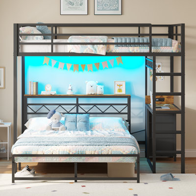 Twin Over Full Metal Bunk Bed With Desk And 4 Storage Drawers, L-Shaped Bunk Bed With Led Lights, Charging Station, Storage Headboard, Safety Guardrail And Ladder, Black