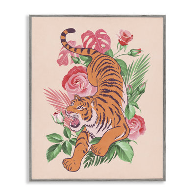 Tigre et roses tropicales, art de la giclée noire encadrée par Nataly White
