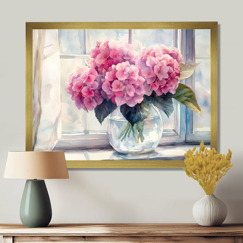 Irodita Hydrangea Bouquets By The Window II - Hydrangea Large Wall Art, Single Picture Framed Print, 16" H x 32" W, Gold
