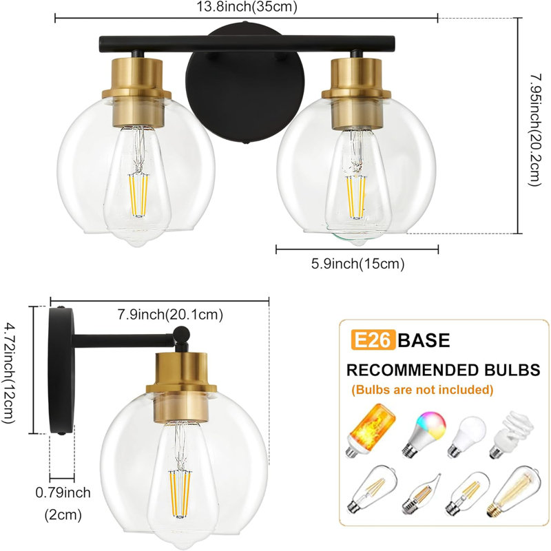Modern Bathroom Vanity Light Fixture With Glass Shade, 2-Light Wall Sconce For Mirror, E26 Socket, Easy Installation, Clear