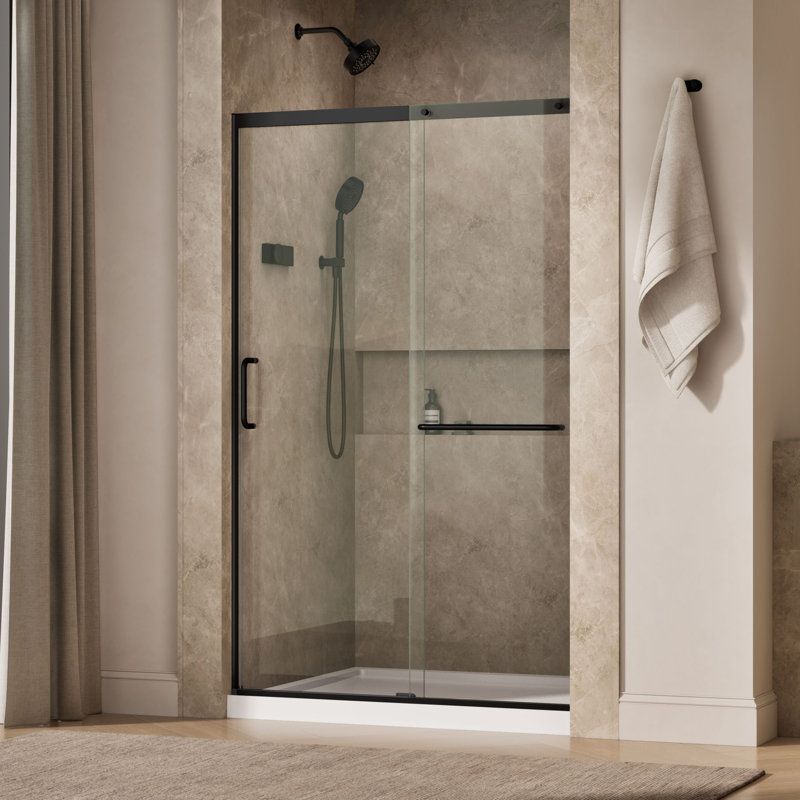 Elate Tall Sliding Shower Door, 75-1/2-In H X 44-1/4 - 47-5/8-In W, With Heavy 5/16-In Thick Crystal Clear Glass, Black