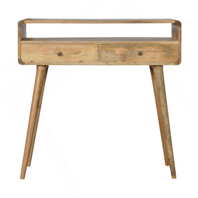 Console courbée Oak-Ish, pieds nordiques, 2 tiroirs, fente ouverte, brun