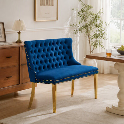 Banc de salle à manger Mid-Century moderne en velours avec dossier capitonné et pieds en acier inoxydable argenté