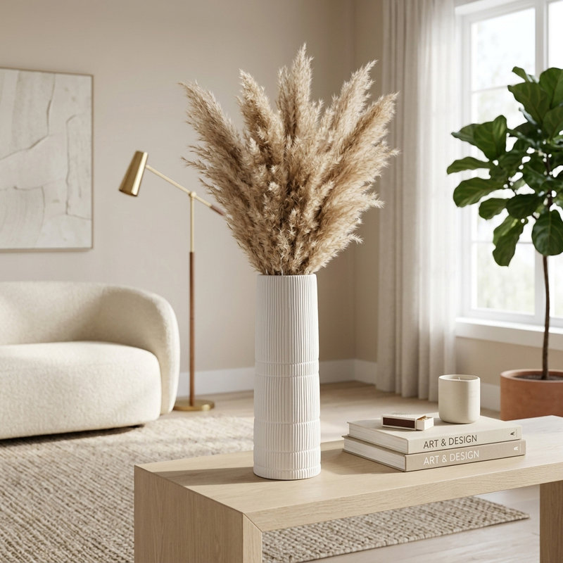 Rachael Modern Neutral Ceramic Vase, White, 18" H x 6" W x 6" D