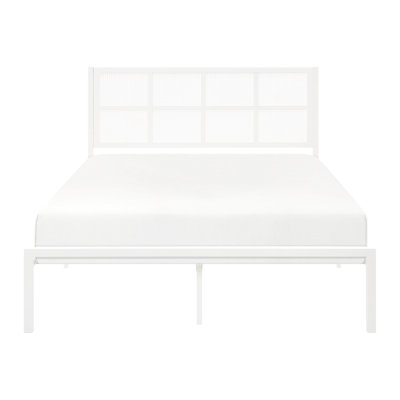 Grand lit en métal blanc, tête de lit en fausse canne pour chambre à coucher côtière décontractée, sommier blanc non nécessaire, fabrication de la structure, mobilier de chambre à coucher, pas de base