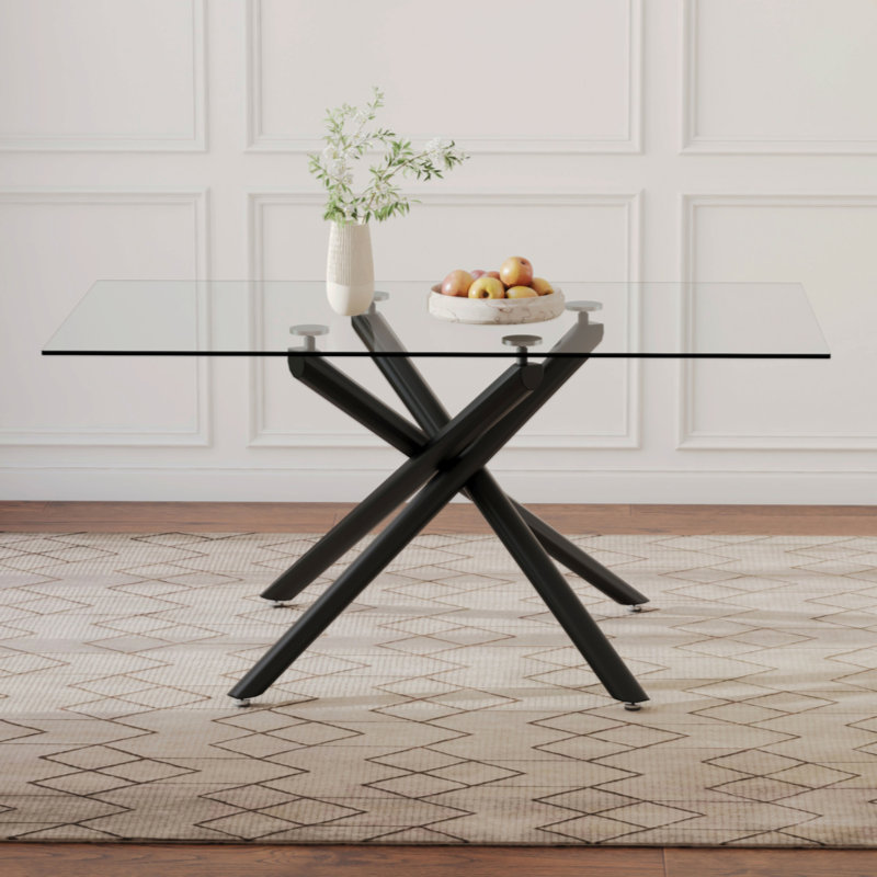 Large Modern Minimalist Rectangular Glass Dining Table with 0.39" Tempered Glass Tabletop and Silver Chrome Metal Legs, for Kitchen Dining Living Meeting Room Banquet hall,63''x35''x 29''W1151S00191
