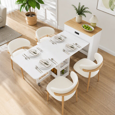 Table de salle à manger extensible, équipée d'une prise de courant, de roulettes verrouillables et d'une petite armoire de rangement, d'un îlot de cuisine à plateau coulissant et d'une surface en imitation marbre