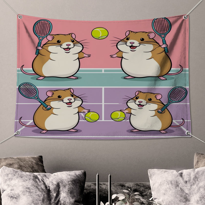 Tapisserie murale Hamsters jouant au tennis - Décoration murale tennis, H 104 po x 88 avec 4 œillets