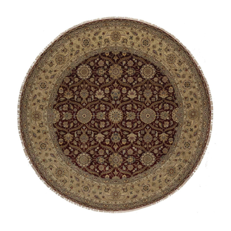 Tapis oriental rond 8 pi 1 po x 8 pi 1 po, rouge, en laine et en soie, noué à la main, 300 KPSI