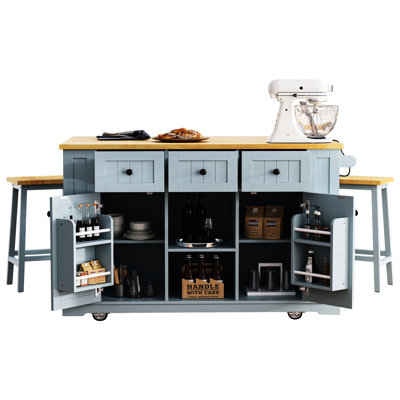 Grey Blue Kitchen Island With 5 Wheels, 3 Drawers, And A Built - In Charging Station, Along 2 Bar Stools 53 Inch Barn Doors, Open Side , Power Outlet, Paired