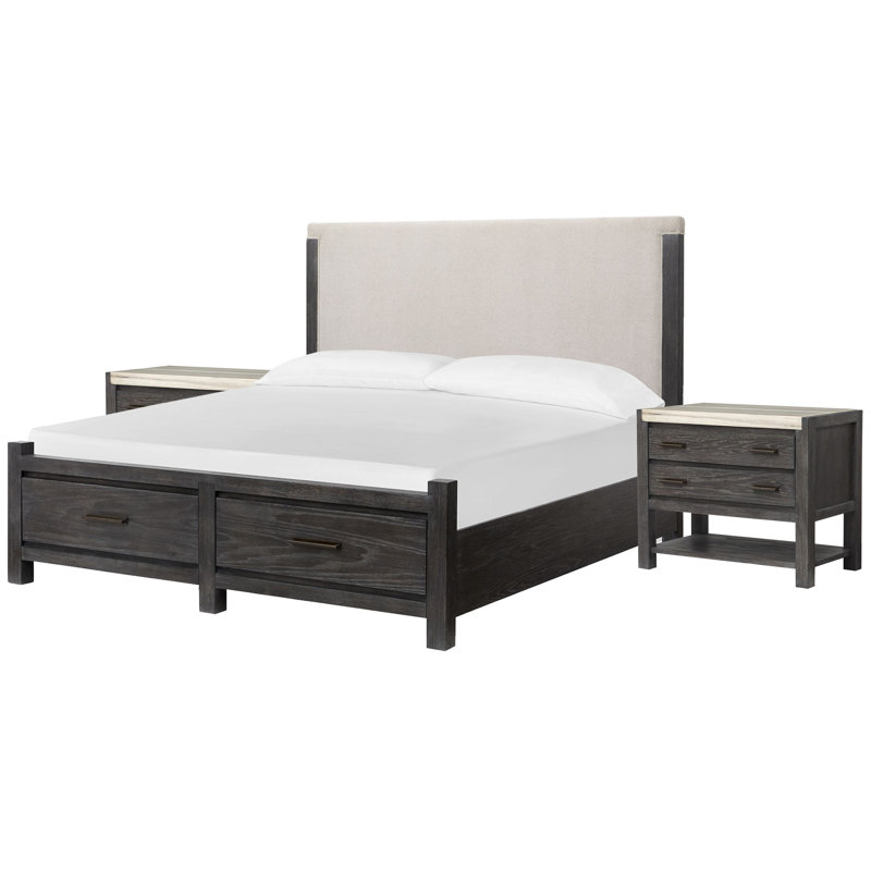 Très grand lit avec panneau de rangement Wilmot, 3 Pcs: Bed, 2 Nightstands, Très grand