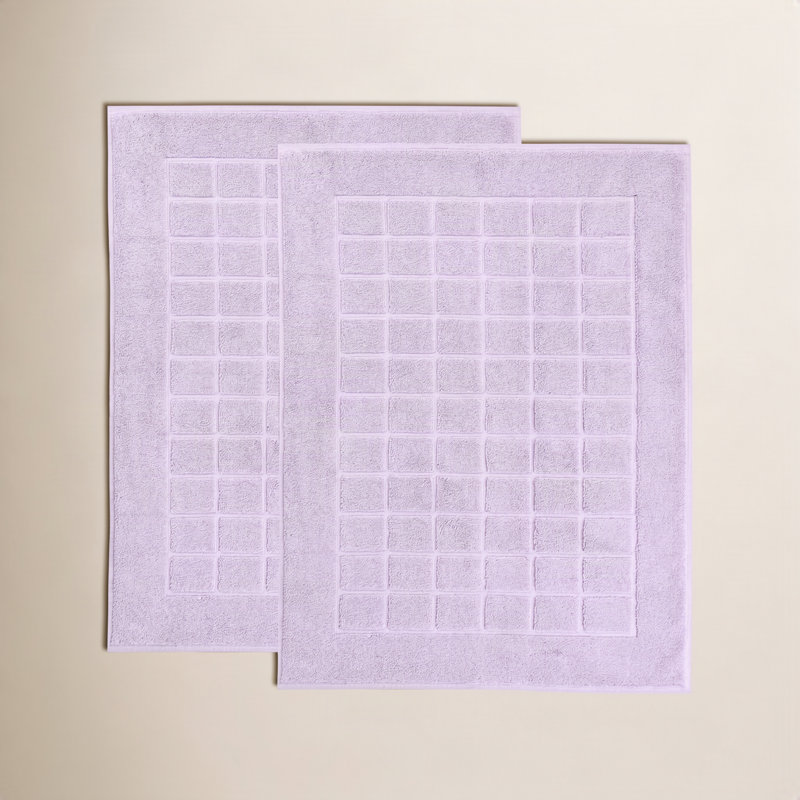 Nora Cotton Terry Solid Absorbent Thick Checkered Washable 2 Piece Bath Mat Set, Purple