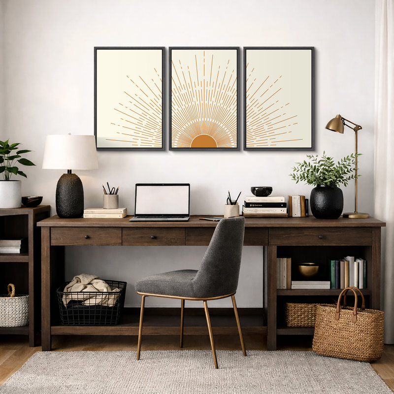 "Bright Orange Boho Sun Burst Artwork, Mid-Century Modern Organic Minimalist Wall Walls", reproduction d'art numérique sur toile encadrée, 3 pièces