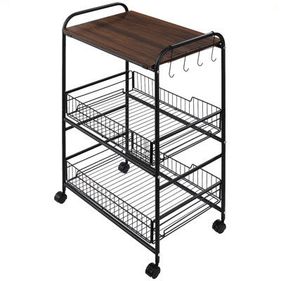 3 Tier Rolling Kitchen Cart With Storage, Kitchen Island Cart On Wheels With 2 Sliding Fruit Basket, Microwave Cart With Side Hooks For Dining Room