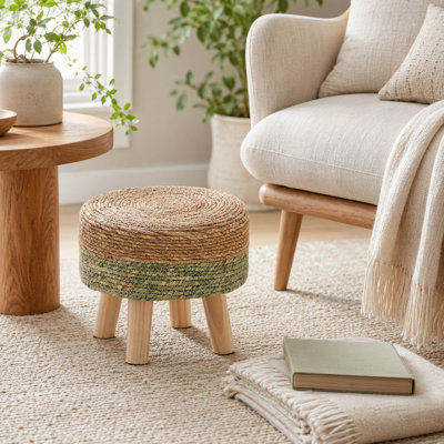 Round Seagrass Ottoman Footrest, Pine Wood Legs