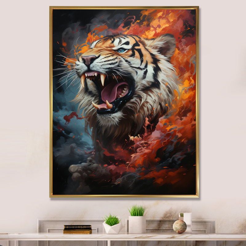 Beige, orange, tigre sauvage, portrait - impression, H 40 po x l 30 po x P 1,5 po, Cadre flottant doré