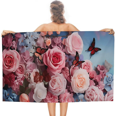 Serviette de plage à motif de roses roses éclatantes, grande taille (60 x 80 pouces), légère et anti-sable, pour hommes et femmes, idéale pour la piscine, la mer, le spa, l'hôtel et la maison.
