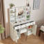 Table de coiffeuse avec miroir à DEL et tabouret, bureau de maquillage avec tiroirs et armoires de rangement, luminosité réglable et 3 modes d'éclairage, blanc