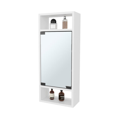 Armoire à pharmacie murale pour salle de bain blanche avec porte miroir et trois tablettes latérales ouvertes de 30,5 pouces de hauteur