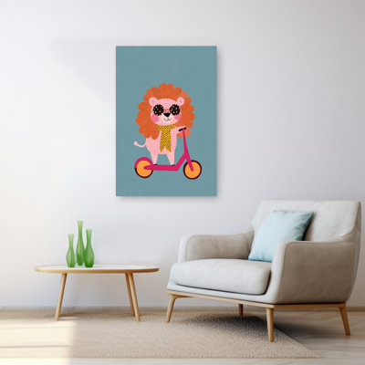 Stylish Lion On Scooter Playful Whimsical Contemporary Lion Wall Art Print 1 Piece Wrapped Canvas Wall Art