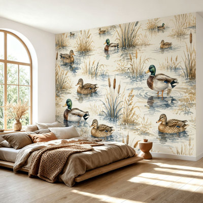 Wall Mural Peel and Stick Wallpaper Watercolor Mallard Ducks Wetlands Grass Reeds Self-Adhesive Removable Contact Paper Wall Decor for Living Room Bedroom 100"H x 144"W