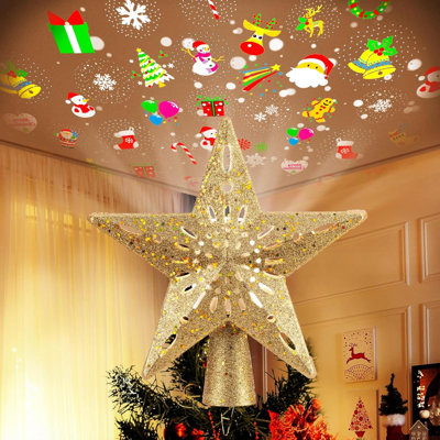 Christmas Tree Topper Lighted With 6 Projection Modes,9.8”Christmas Star Tree Topper With Built-In LED Rotating Lights,Tree Top With Golden Spangles Plated Plug In For Christmas Decorations