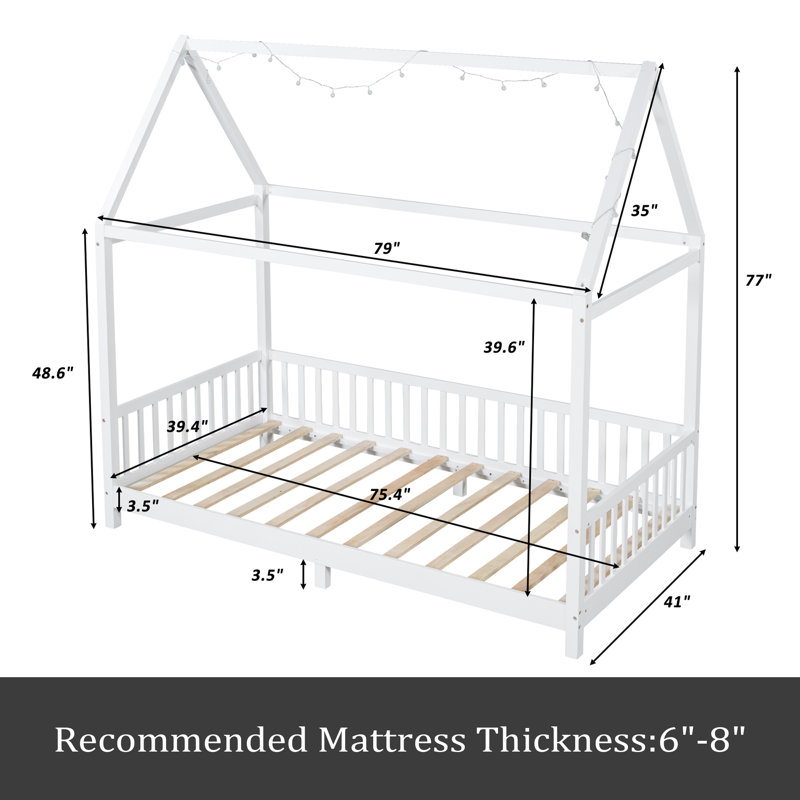 Wood House Bed With Guardrail And LED, Twin
