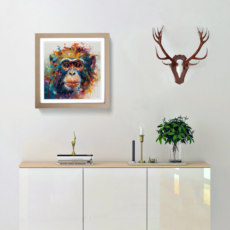 Monkey Abstract Art - Single Picture Frame Print on Wood, Oak