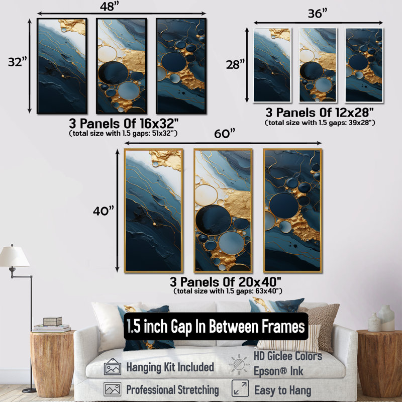 Or et marbre bleu Essence magique III - décoration murale en marbre, Cadre flottant noir, H 28 po x l 36 po x P 1 po
