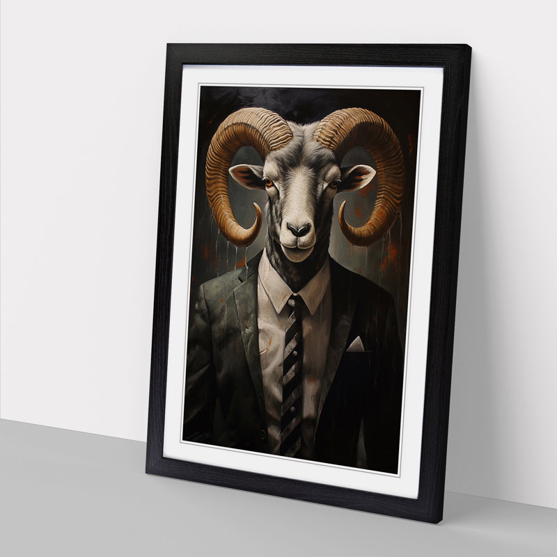 Ram Sheep in a Suit Painting - Framed Print, 34cm H x 25cm W x 2cm D, Black Framed