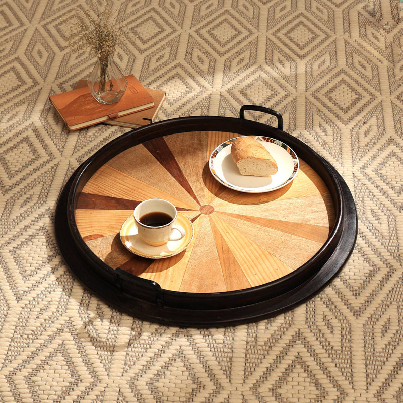 Plateau rond en bois fait à la main / plateau décoratif et plateau de service - 23,5 po