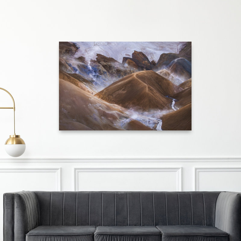 Hiker In Steaming Valley Colorful Dramatic Surreal Landscape Nature Wall Art Print, 101.6cm H x 152.4cm W
