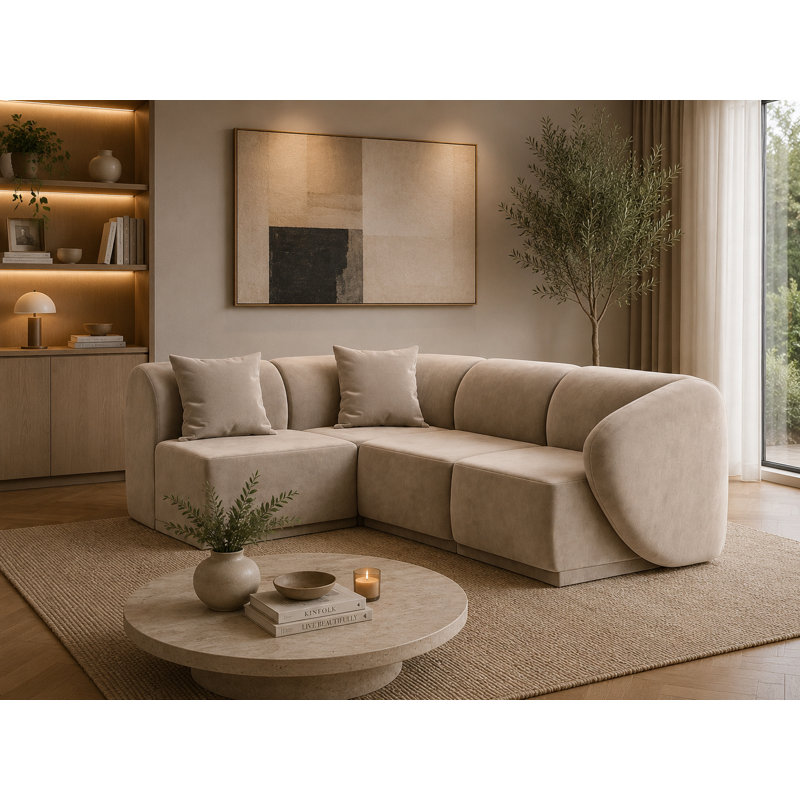 4 Seater Velvet Sofa & Chaise, Warm Beige Velvet