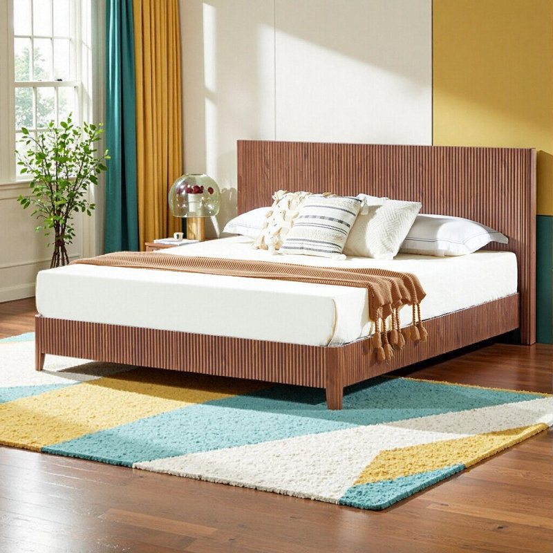 Très grande base de lit en bois avec lignes courbes, sans sommier tapissier, Noyer