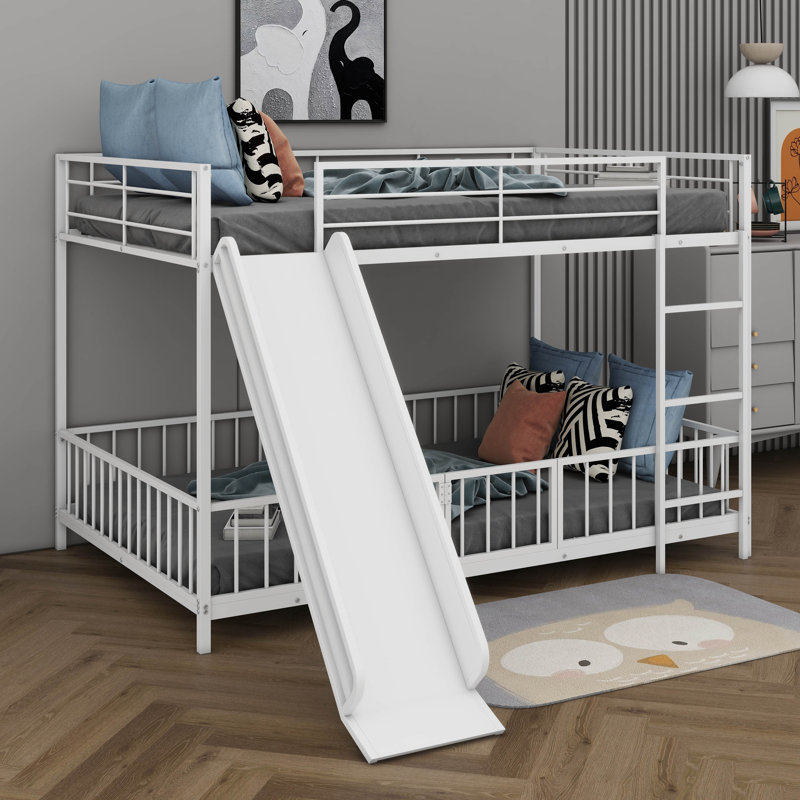 Twin Over Twin Size Metal Bunk Bed With Slide And Guardrails, White