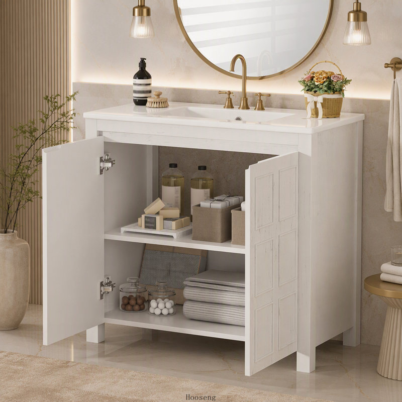 Organisateur de meuble-lavabo blanc antique 36 po avec lavabo en céramique et armoire de rangement