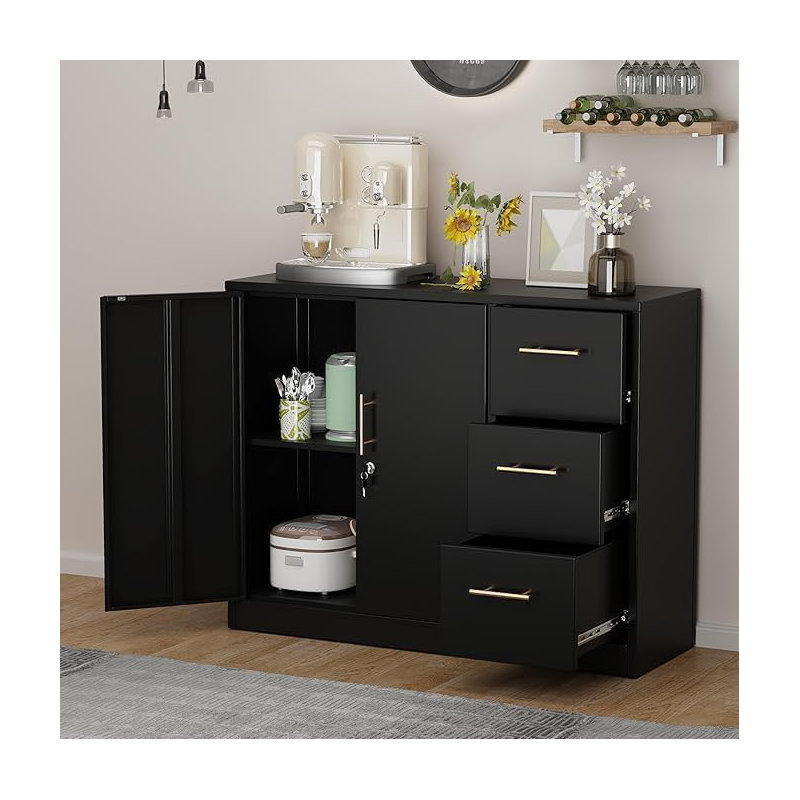 Lateral File Cabinet with 3 Drawers, Metal Storage Cabinet with Lock, Black Sideboard Buffet, Multi-Functional Accent Cabinets for Home Office Living Room Entryway