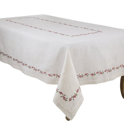 Holiday Berry Embroidered Tablecloth - Festive Everyday Tablecloth with Holly Berry Border Embroidery for Christmas Dining Tables and Holiday Entertaining