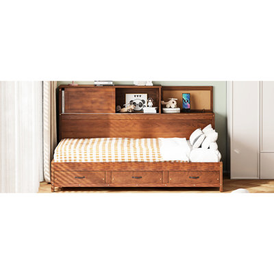 Twin Walnut Wood Daybed With 3 Storage Drawers, Headboard Shelf, Sockets And Outlets For Relaxing At Home Office Wooden Soft Headboard, Shelf Practical Tech - Integrated Use