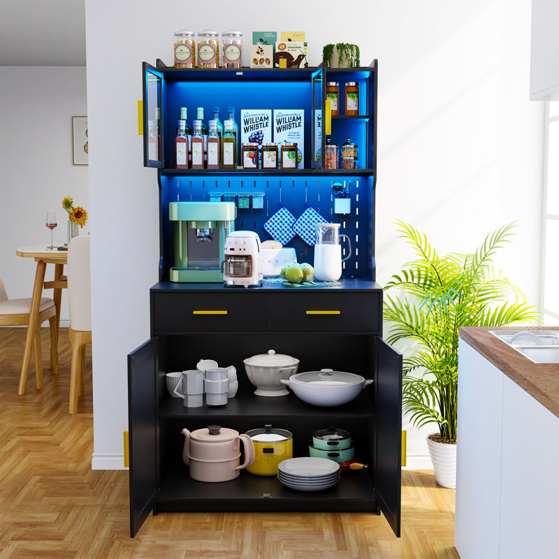 Kamorian 64" LED Kitchen Pantry with 3 Color Dimmable, 2 Drawers & Large Storage & Pegboard, Black
